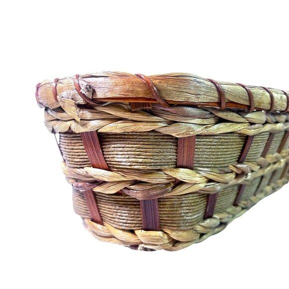 Vtg Woven Oval Basket Natural Mixed Media Rustic Storage Decor CabinCore - Picture 2 of 8